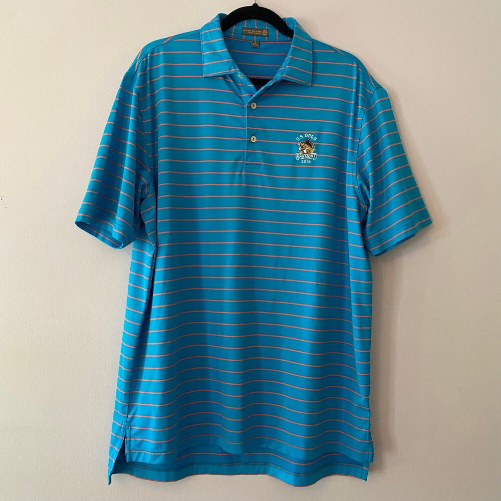 Peter Millar Summer Comfort Blue Orange Stripe U.S. Open 2016 Polo Shirt Large